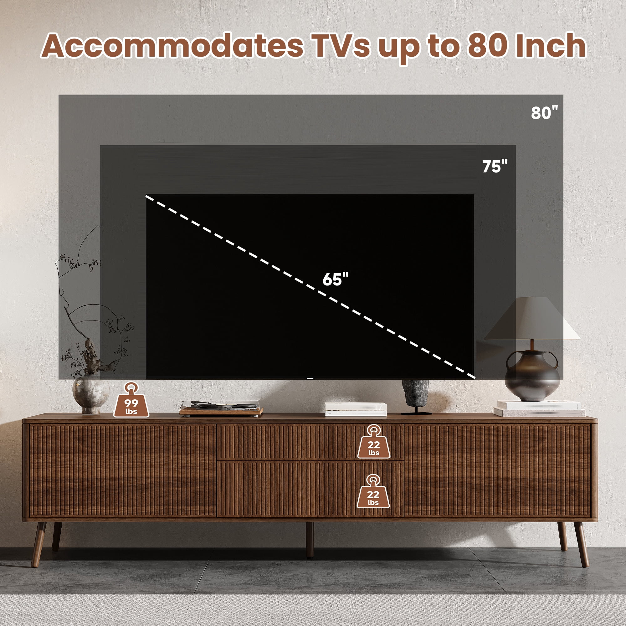 TV Stand for TVs up to 80 Inch, Entertainment Center with Fluted Doors & 2 Drawers, Media Console with Solid Wood Legs for Living Room