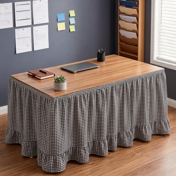 6ft Gingham Table Skirt with Ruffled Hem, Checkered Fabric Table Cover with Hook and Loop Fasteners, Plaid Desk Skirt for Teacher Desk, Wedding, Party and Event Decorations