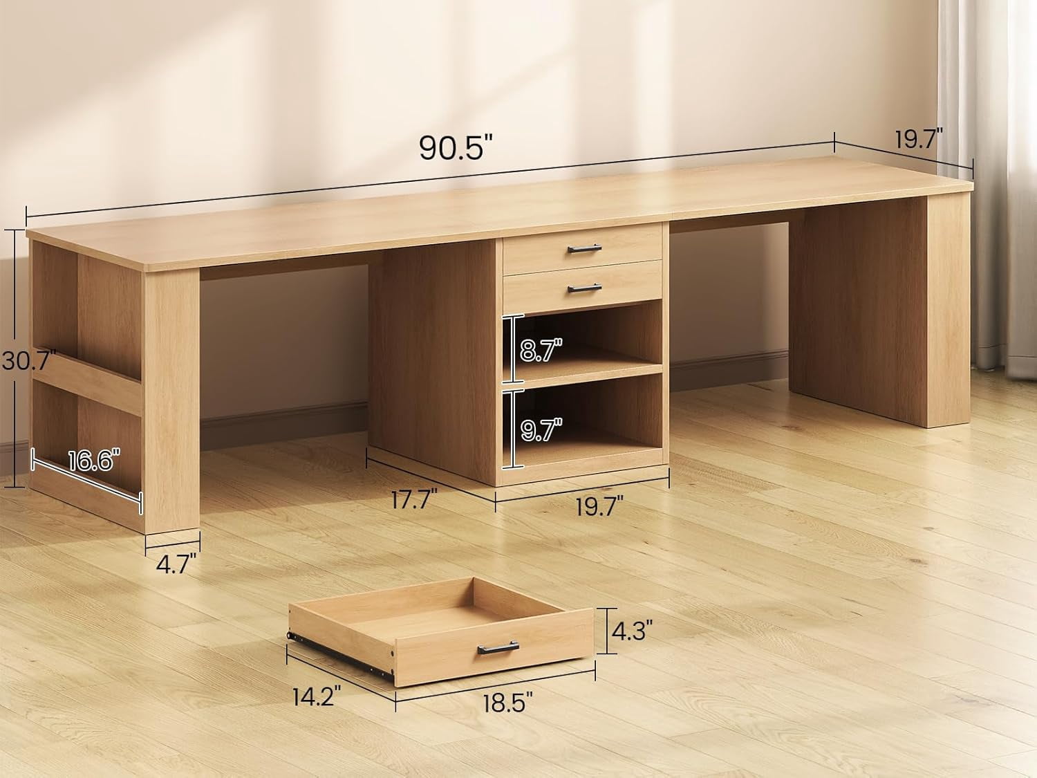 SEDETA Two Person Desk with Drawers, 90 Inch Long Computer Desk with Storage Shelves, Wooden Desk, Double Gaming Desk, Writing Table with Storage for Home Office, Oak Wood