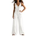 thumbnail image 5 of Kctiaxy Jeans for Women V Neck Button Tank Denim Jumpsuit Solid Fashion Summer Casual Wide Leg Pants, 5 of 7