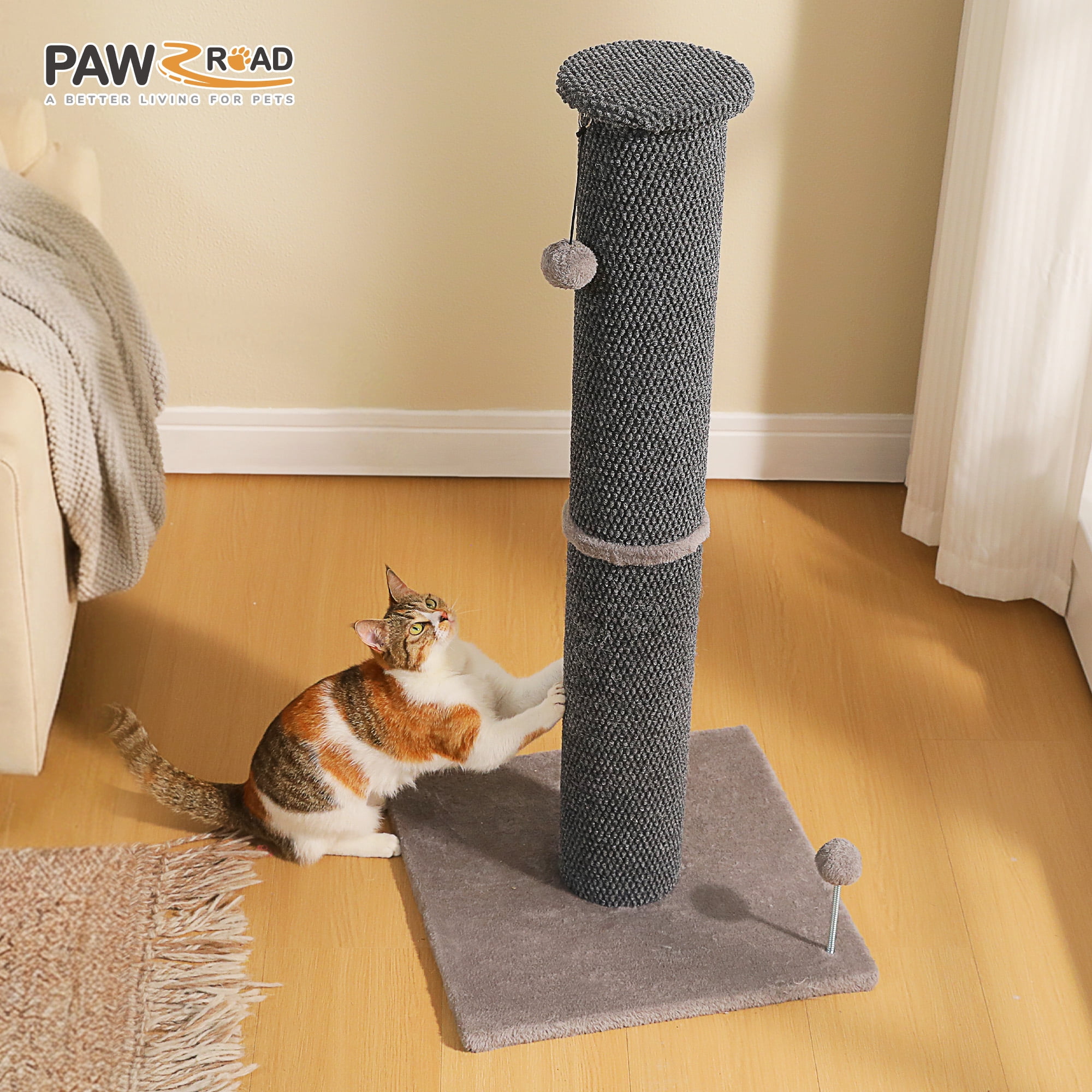 PAWZ Road 40" Tall Large Cat Scratching Post - Durable Polyester Fabric, Wide Stable Base, Dark Gray