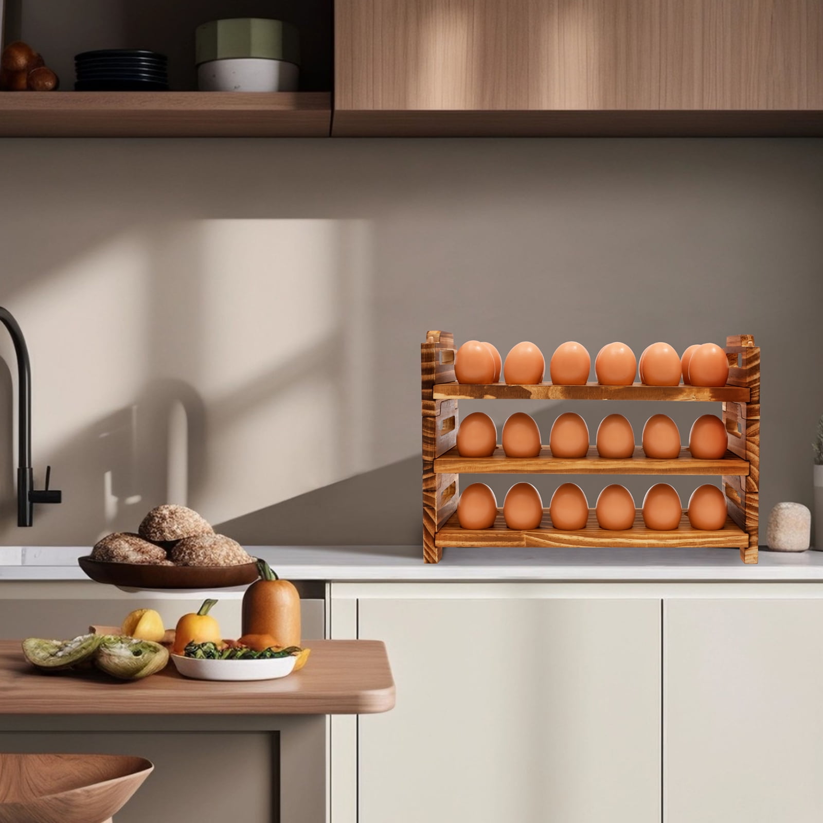 Tcwhniev Wooden Egg Holder 3 Tier Solid Stackable Eggs Collecting Rack Holding Up to 36 Fresh Egg for Kitchen Countertop Cabinet Fridge