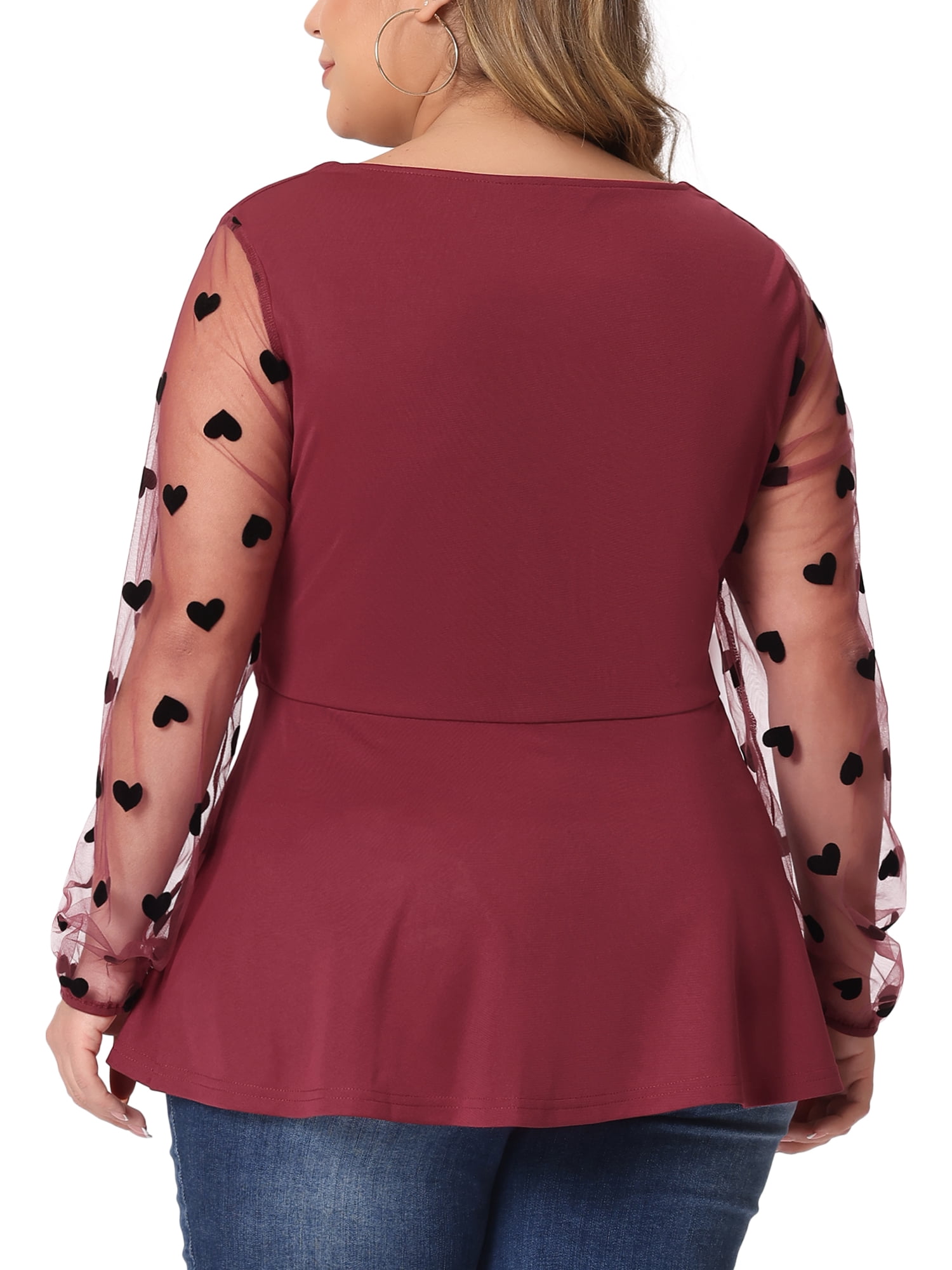 Unique Bargains Women's Plus Size Panel Heart Sheer Mesh Long Sleeve Shirts Blouses 2X Burgundy