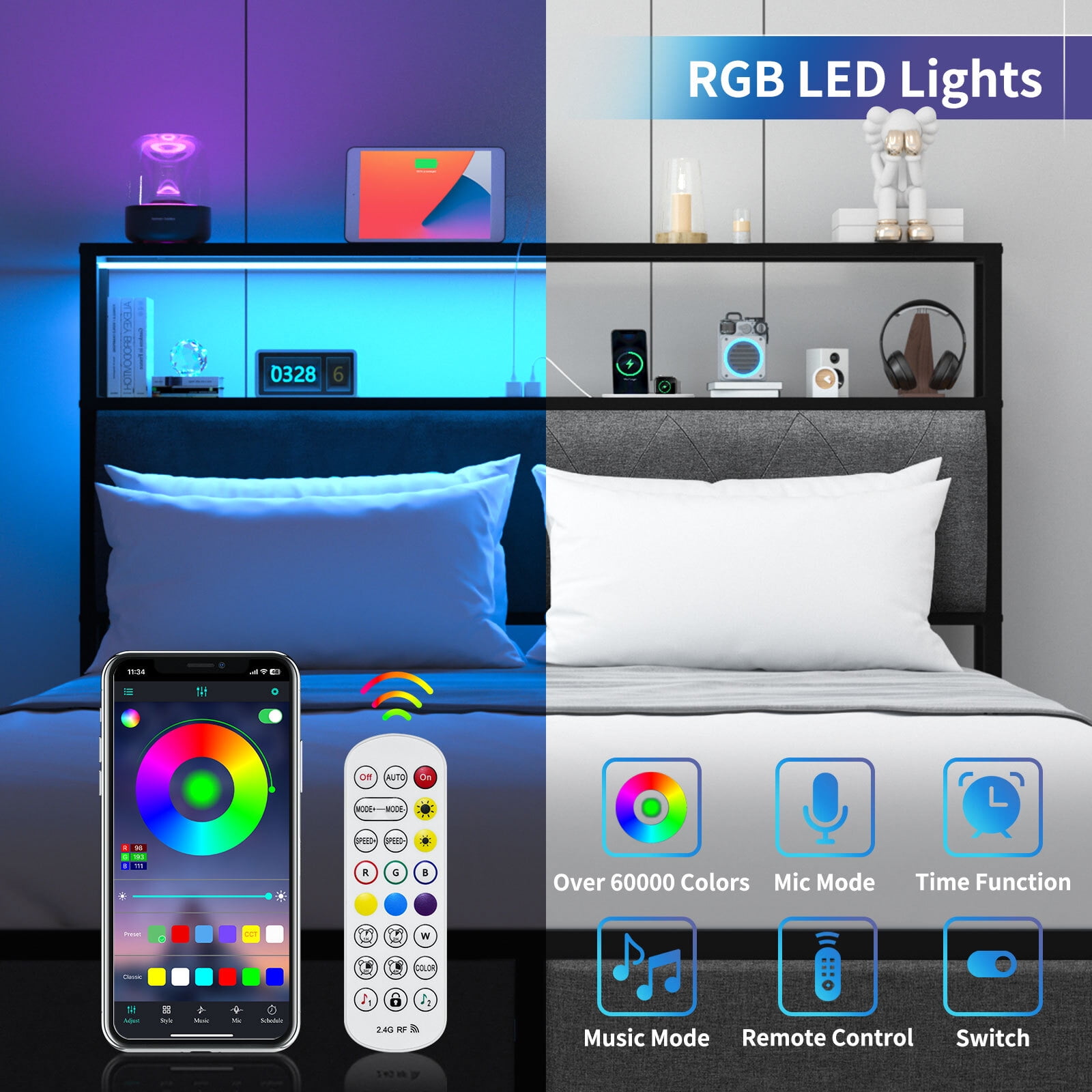 Full Size LED Light Bed Frame with Storage Headboard and USB Ports,Bed Platform with Drawers, RGB Lights