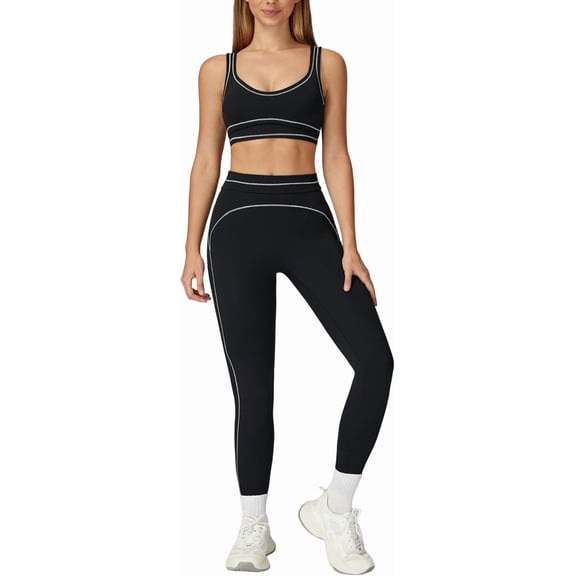 PISONIC Womens Workout Set Two Piece U Back Color Block Sports Bra Matching High Waist Leggings Gym Work Pilates Outfits