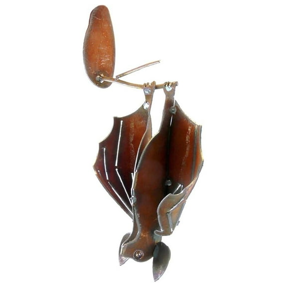Hanging Metal Garden Bat Sculpture, American Handmade: Open , Facing Left in Brown