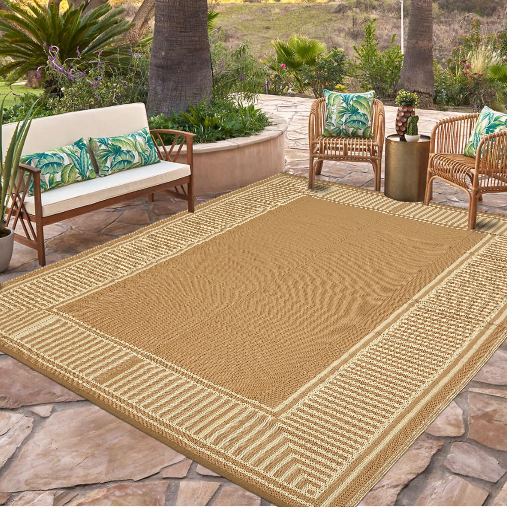 Garvee 10'x14' Waterproof Outdoor Area Rug Reversible Plastic Geometric Bordered Patio Mat UV-Protected for Deck, Backyard, RV and Camping, Coffee