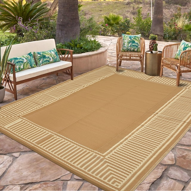 Garvee 9'x12' Outdoor Rug Waterproof Plastic Straw Rug, Modern Bordered Outdoor Carpet UV-Resistant Reversible Mat for Patio RV Deck Beach Porch, Coffee