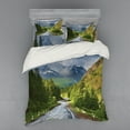 thumbnail image 2 of Woodland Duvet Cover Set, Mountain Landscape Road Cloudy Sky Pine Trees Forest Summer Rainy Day Scene, Bedding Set with Shams and Fitted Sheet, 3 Sizes, by Ambesonne, 2 of 3