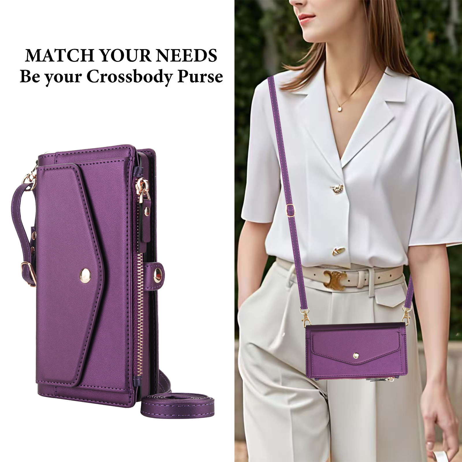 Designed for Samsung Galaxy S24 Multi-Function Wallet Phone Case,With Shoulder Strap&Wrist Strap,Cash Pocket&Card Slots,Zipper Purse,Magnetic Detachable PU Leather Flip Phone Case,Purple