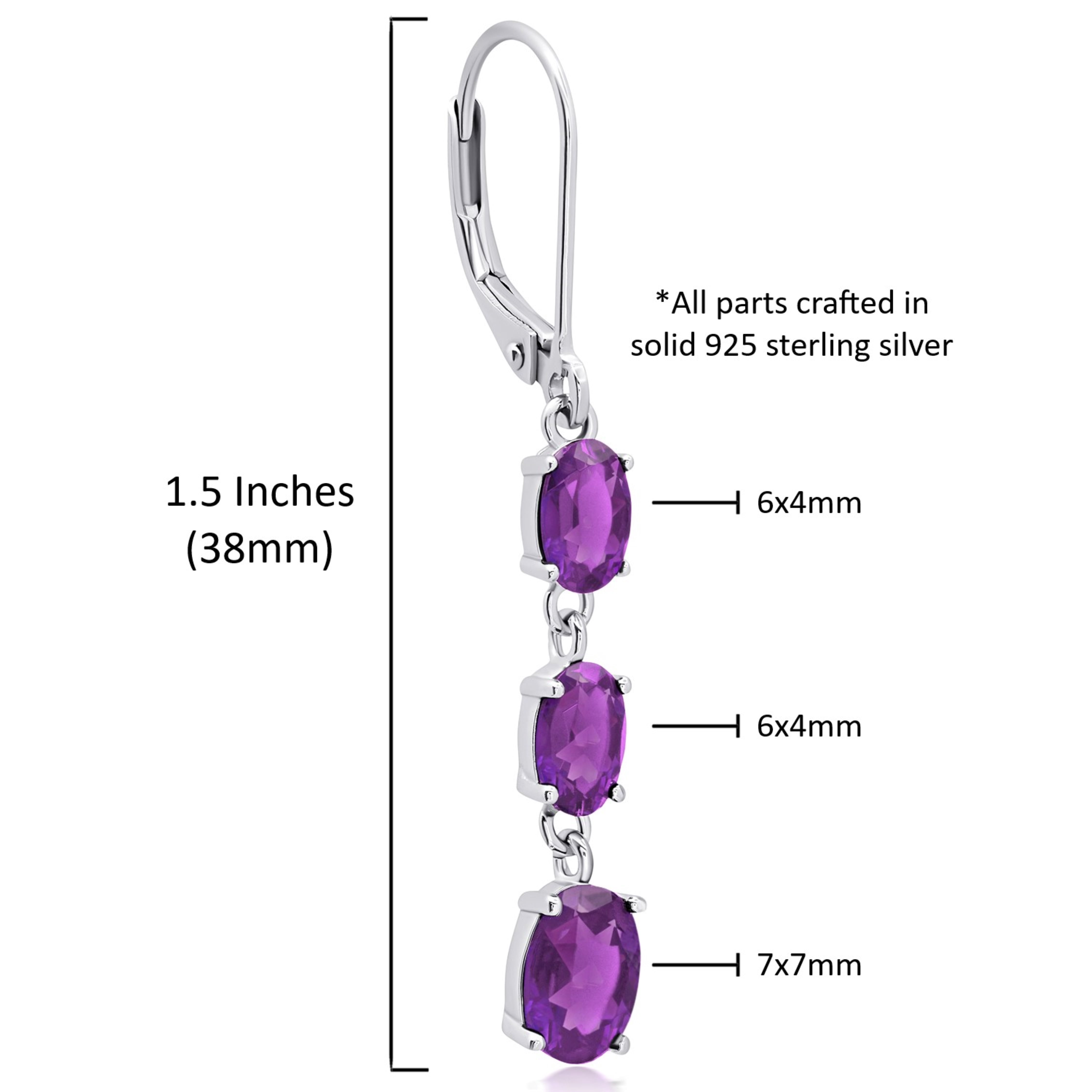 925 Sterling Silver Purple Amethyst Oval Dangle Earrings for Women with Leverbacks and 1.5 inch February Birthstones by MAX + STONE