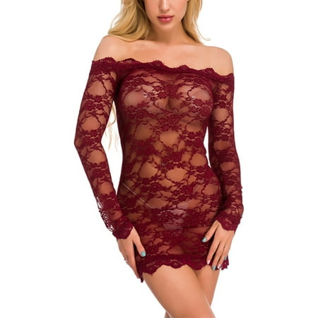 

Capreze Ladies Lingerie Deep V Sleepwear Lace Teddy Bodysuit One Piece Women Sexy Floral Mini Off Shoulder Wine Red XXL