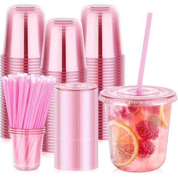 50 Pack 12 oz Pink Plastic Party Cups with Lids and Straws, Disposable Iced Coffee Cup with Lids, Round Bottom Drinking Cups for Birthday Wedding Valentine's Galentine's Bachelorette Party
