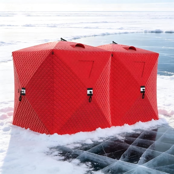 QinaQin Insulated Pop-Up Ice Fishing Tent Shelter,6–8 Person Portable Hub-Style Cabin Shanty,Windproof Thermal,Winter Ice Fishing Tent w/Ice Anchors,Stability Ropes & Carry Bag,Red