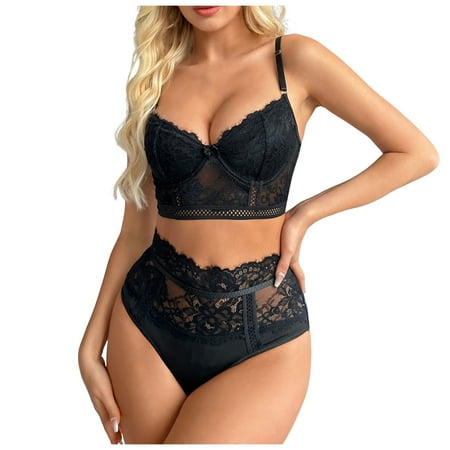 44 Bras for Plus Size Women Work Bras for Women Ladies Lingerie Sexy Hollow See Through Solid Color Jacquard Lace Two Piece Lingerie Set