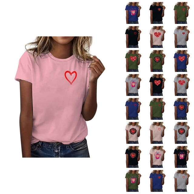 T-shirts de la Saint-Valentin pour Femmes 2026 Mode Manches Courtes Col Rond Cœur Graphique