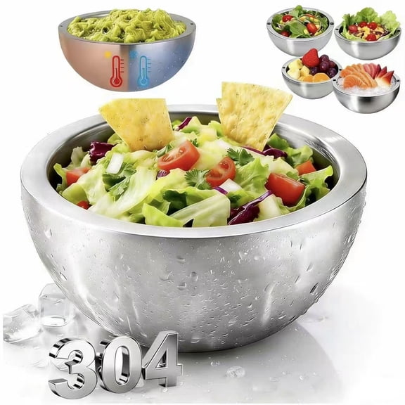 304 Stainless Steel Insulated Salad Bowl, 70oz Double Wall Serving Bowl for Parties, Cold & Hot Food Server for Dips, Sauces, Salsa - Freezer Safe Dip Chiller Bowl Set