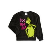 Girls Bla Bla Bla Grinch Plush Woobie Pullover Sweatshirt, Black, X-Small