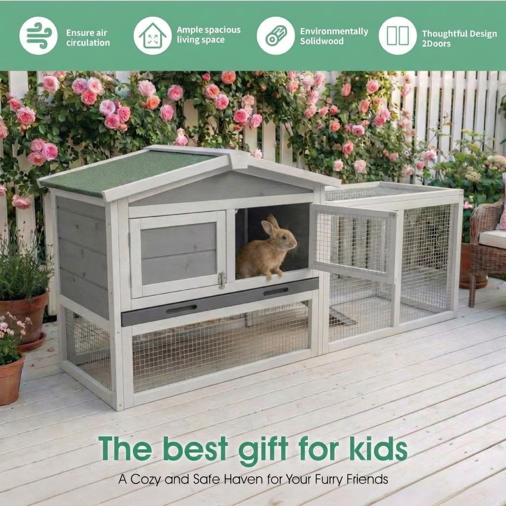 Huisuilinss Wooden Rabbit Hutch,Large Rabbit Cage,Indoor And Outdoor ChickenCoop Expandable With Anti-Chew Metal Frame Ramp,Cleaning Tray & Waterproof Roof For Backyard Small Animals