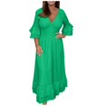 thumbnail image 4 of JUNWELL Robes en Coton et Lin pour Femmes Été Grande Taille Col en V à Volants Manches 3/4 Robe Bohème Broderie Anglaise Coupe Ajustée Ourlet à Volants Robe Maxi de Plage, 4 of 7