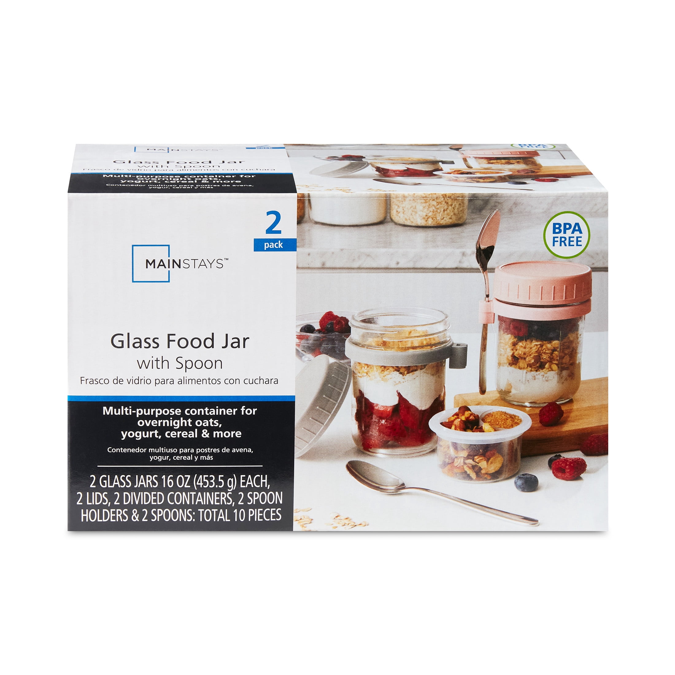 Mainstays Portable Overnight Oats Food Jar and Parfait Container, Designed to Help with Packed Lunches and Daily Commutes, Meal Prep, and Overnight Oats