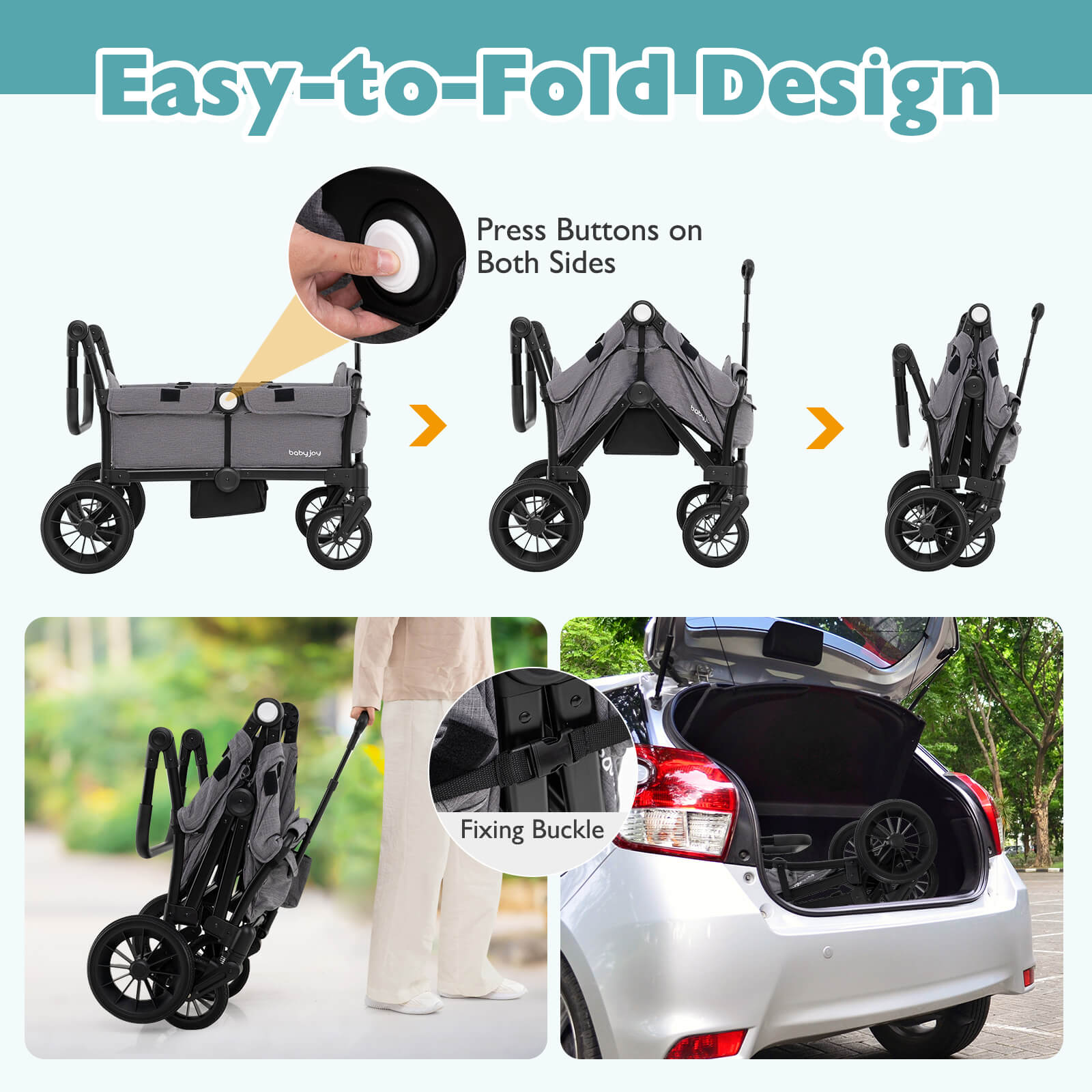 Infans Wagon Stroller for 2 Kids Push Pull Double Stroller with Adjustable Handle