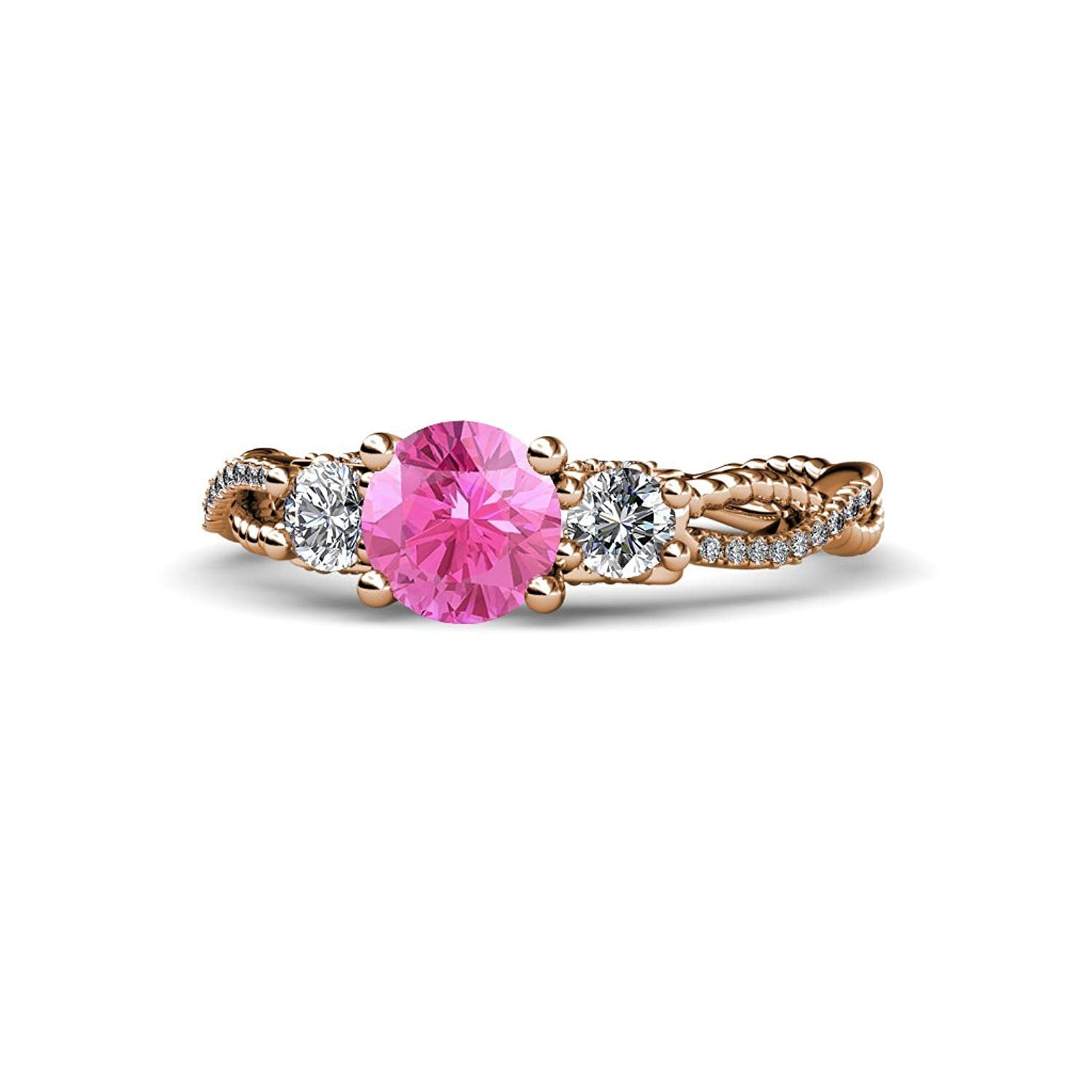 Pink Sapphire and Diamond (SI2-I1, G-H) Three Stone Engagement Ring 1.55 ct tw in 14K Rose Gold by TriJewels