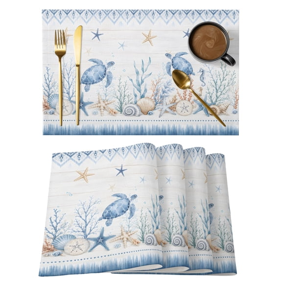 Blue Sea Turtle Placemats Set of 6 Coastal Starfish Coral Shell Conch Place Mats Table Mats Kitchen Dining Home Outdoor Party Table Decoration