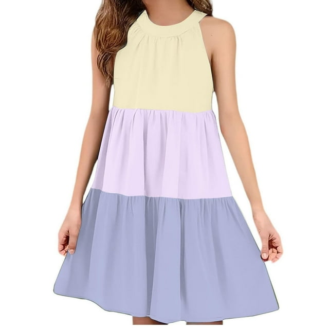 Robe d'Été Sans Manches à Empiècements pour Filles, Robe d'Été Décontractée à Col Rond à Étages en Doux Mélange Polyester-Spandex, Brun 110