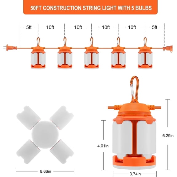 50ft LED Industrial Grade 15000LM Construction String Lights