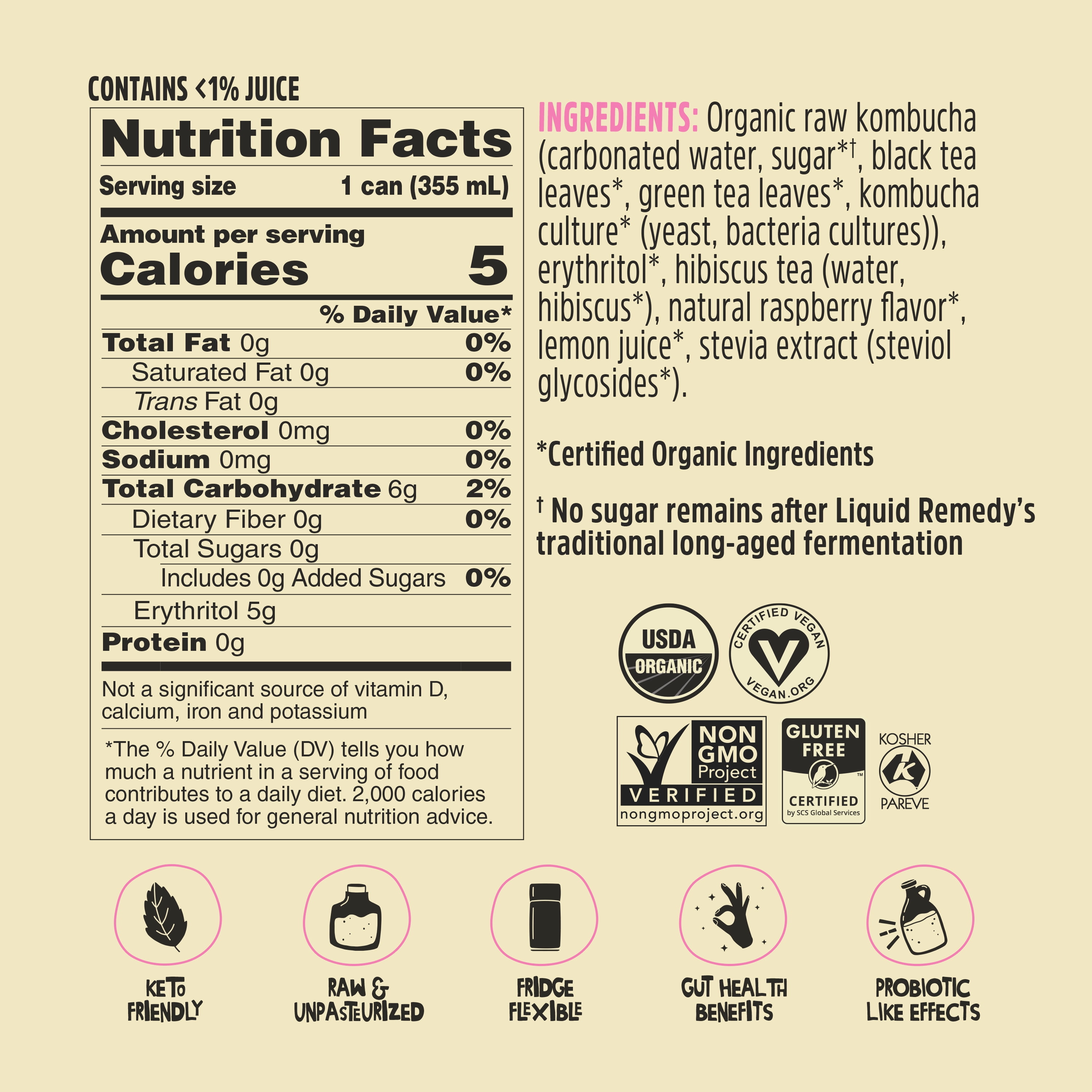 Liquid Remedy Kombucha Raspberry Lemonade Low Calorie Sugar Free, 12 Pk, 12 oz Cans
