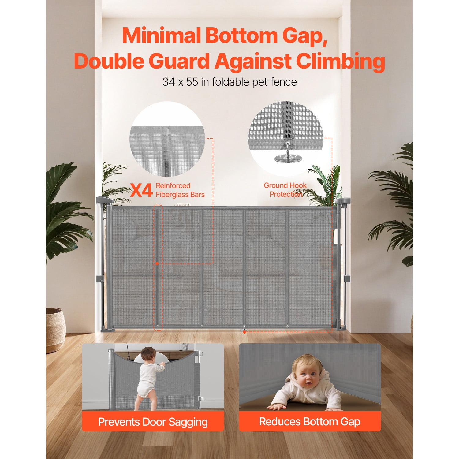 KFFKFF Retractable Baby Gate, 34-inch Height, Expands up to 55-inch Width, Safety Gate for Children or Pets, Durable Mesh Design, Simple Installation for Stairs, Doorways, Hallways, and Play Areas