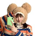 thumbnail image 2 of Opvise Women Fashion Winter Hat Unisex Cartoon Thicken Bear Head Shape Solid Color Windproof Photo Props Bear Ears Women Men Beanie Women Headwear Camel, 2 of 8