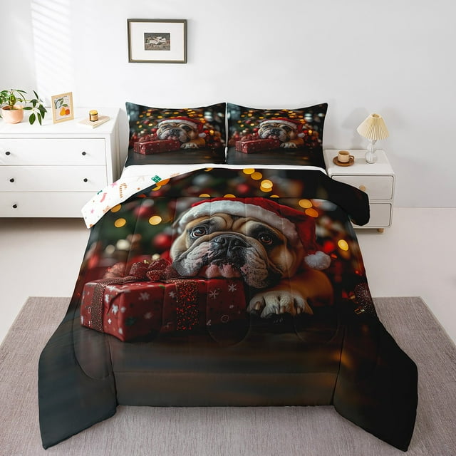 Winter Christmas Theme Down Comforter Cute Pug Dog Full Bedding Set Xmas Tree Animal Holiday Comforter Set For Kids Teen Adults,Red Gift Pattern Soft Lightweight Quilt Set
