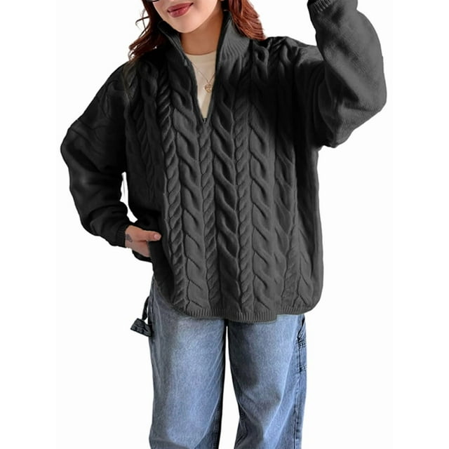 Chandail à Demi-Col Roulé à Manches Longues pour Femme avec Fermeture Éclair, Automne et Hiver, Tricot Côtelé Décontracté, Gris, P