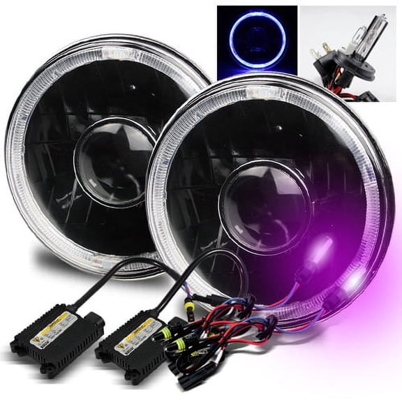 Modifystreet 12000K H4-2 HID   Blue LED Halo H6014/H6015/H6017/H6052/H6024 7" Round Semi-Sealed Beam Projector Headlights Conversion Kit - Black Housing