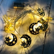 LED Iron Art Light Strings Muslim Ramadan Festival Star Moon Shape Decoration Hang Pendant Color:Warm White Power:1.65 meters 10 lights golden star moon-always bright-battery