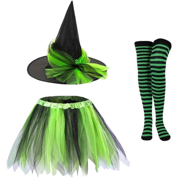 Slccxzc Women's Tutu Skirt Set, Witch Hat & Striped Tights for Party Green