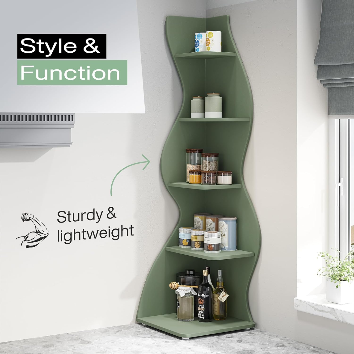 Tribesigns Corner Shelf, 5-Tier Modern Corner Bookshelf Bookcase Plant Stand for Living Room, Home Office (Sage Green)