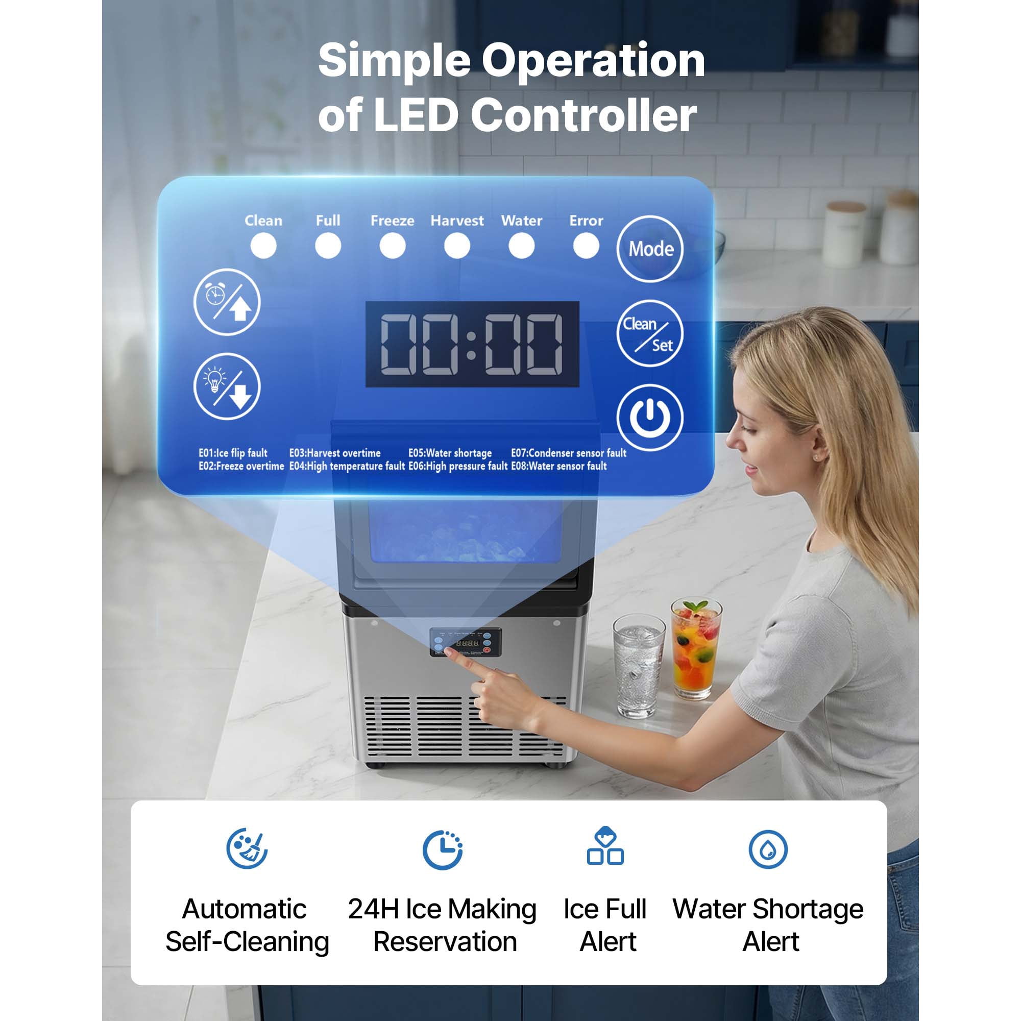 KFFKFF Commercial Ice Maker Machine, 80 lbs/24h Output with 13 lbs Storage, Countertop/Freestanding/Under Counter Design, Stainless Steel Ice Maker with LED Display & Self-Cleaning Function