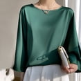 thumbnail image 5 of RYRJJ Womens Dressy Tops Casual Satin Silk Blouse Elegant Crewneck 3/4 Bell Sleeve Shirts Loose Flowy Work Top(Green,XL), 5 of 6