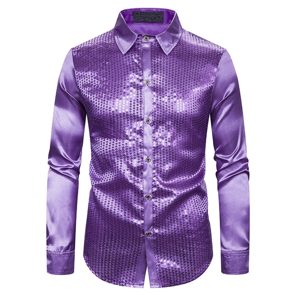 Cromoncent Mens Long Sleeve Sequin Turn Down Glitter Tops Button Up Shirts