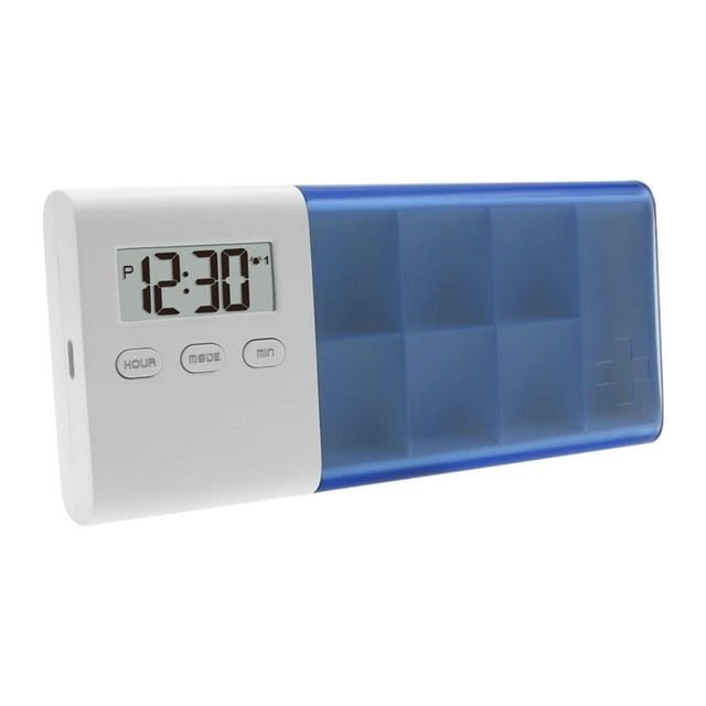 Pastillero de viaje con dispensador portátil de pastillas y sonido fuerte Azul