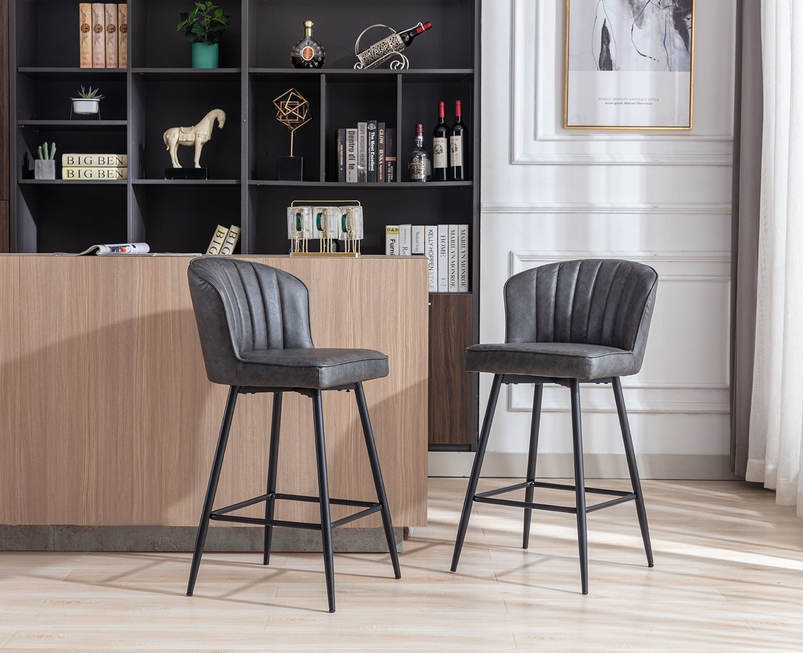Guyou 26” Counter Height Bar Stools Set of 2, Modern PU Upholstered Kitchen Island Chairs, Barstools with Back and Footrest for Kitchen Island Pub Restaurant, Grey