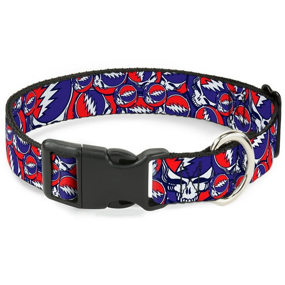 Grateful Dead Pet Collar, Dog Collar Plastic Buckle, Steal Your Face Stacked Red White Blue, 9.5 to 14.5 Inches 0.5 Inch Wide