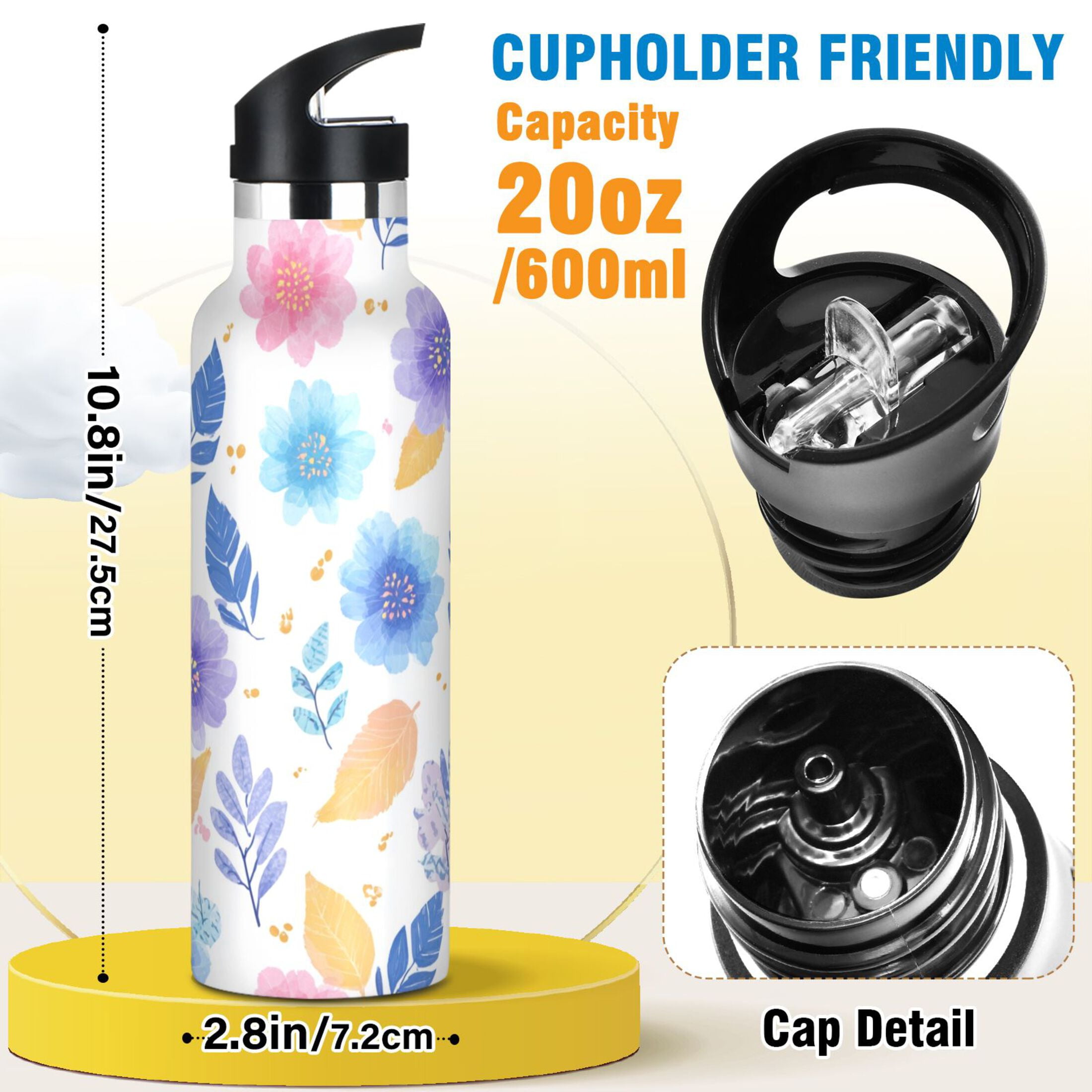 Kids Insulated Stainless Steel Sports Water Bottle 600ml (20oz) Blue and Purple Flowers