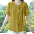 thumbnail image 4 of Women's Linen Button down Shirts Summer Casual Crew Neck Short Sleeve Cotton Tops Retro Solid Color Blouses (XL, Yellow), 4 of 5