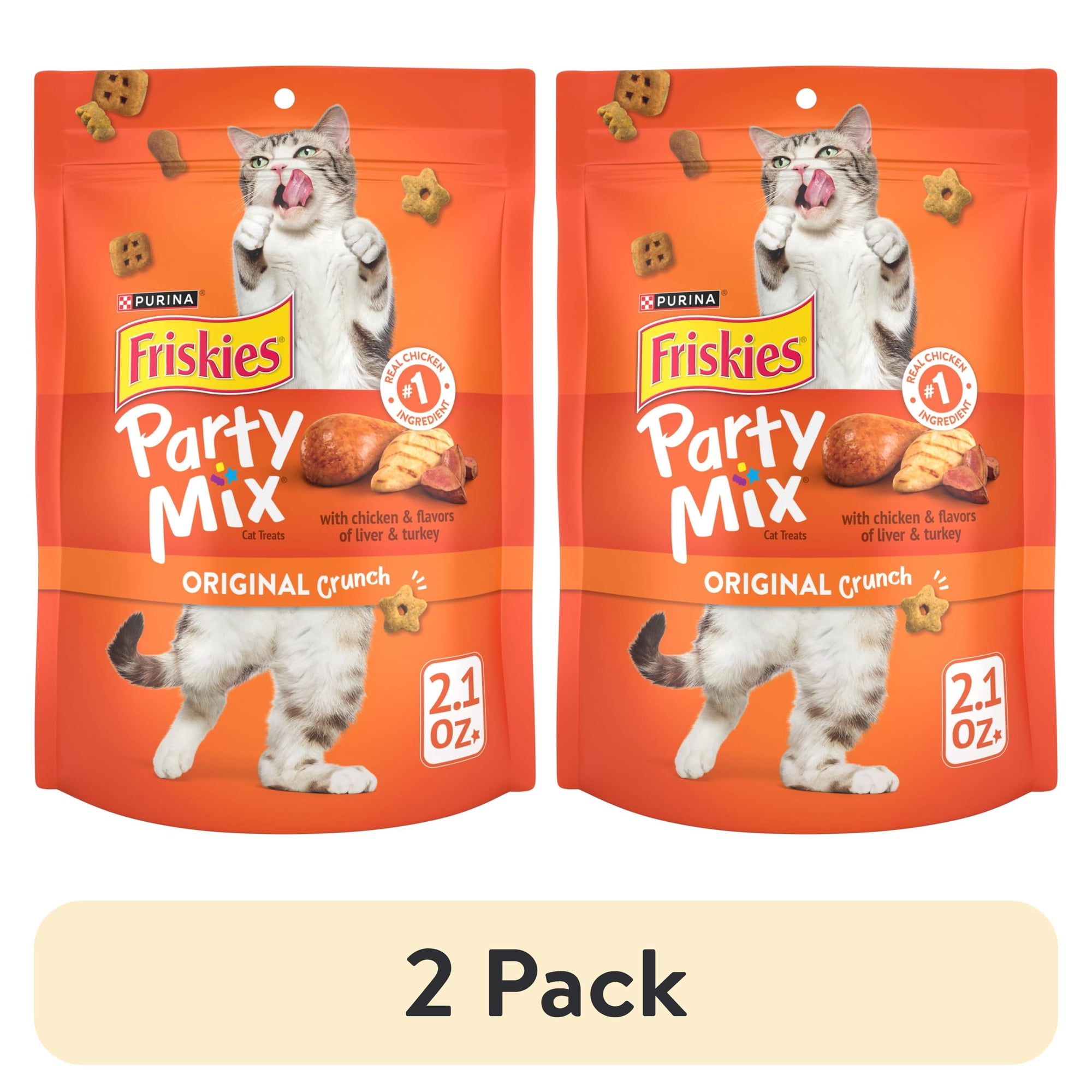 (2 pack) Purina Friskies Party Mix Original Crunch, Cat Treats, Chicken, Liver, & Turkey, 2.1 oz Bag, 10 Pack