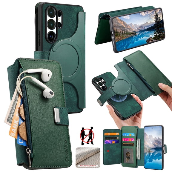 For Samsung Galaxy S26 Ultra Wallet [Support Magsafe Charger] Flip Magnetic Detachable 2 in 1 Flip PU Leather Phone Case with Card Slots [RFID Blocking], Zipper Bag, Kick-Stand Cover,Green