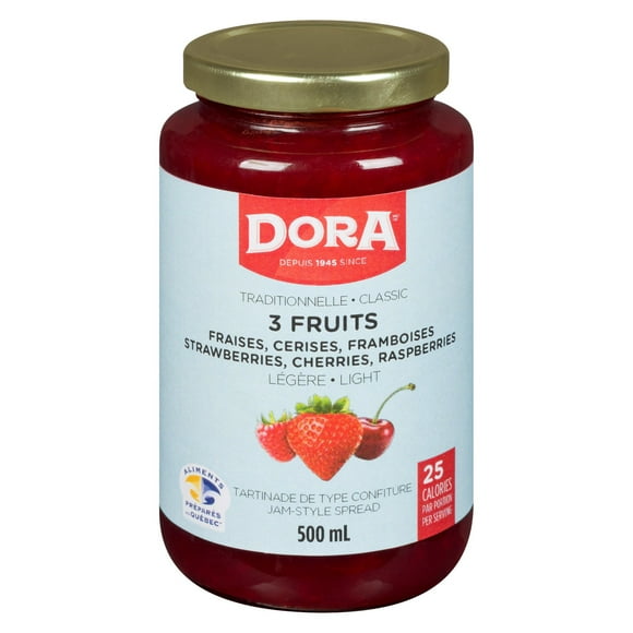 DORA STRAWBERRY, RASPBERRY AND CHERRY TRADITIONNAL LIGHT WITH PECTIN, DORA 3 FRUITS LIGHT 500ML
